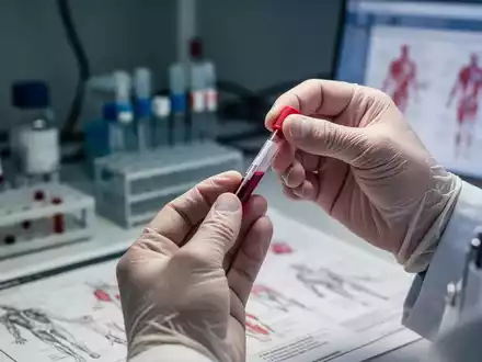 Hände eines Arztes, der eine Blutprobe oder ein Diagnosegerät hält, im Hintergrund unscharfe Laborgeräte und medizinische Diagramme. - Foto: über boerse-global.de
