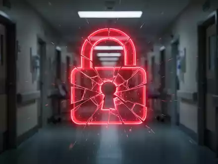A glowing red, fractured padlock icon superimposed over a blurred hospital corridor, symbolizing a healthcare data breach. - Foto: über boerse-global.de