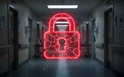 A glowing red, fractured padlock icon superimposed over a blurred hospital corridor, symbolizing a healthcare data breach. - Foto: über boerse-global.de