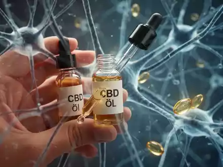 Eine Hand hält ein CBD-Öl-Fläschchen, im Hintergrund sind stilisierte Nervenbahnen und Omega-3-Kapseln unscharf zu sehen. - Foto: über boerse-global.de