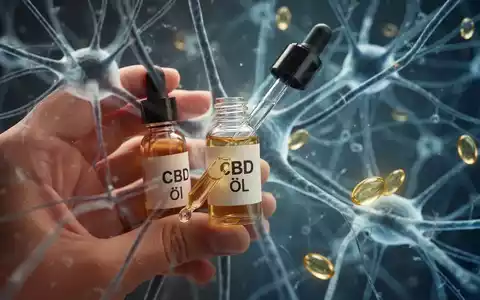 Eine Hand hĂ€lt ein CBD-Ăl-FlĂ€schchen, im Hintergrund sind stilisierte Nervenbahnen und Omega-3-Kapseln unscharf zu sehen. - Foto: ĂŒber boerse-global.de