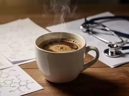 Eine dampfende Tasse Kaffee auf einem Holztisch, im Hintergrund unscharf wissenschaftliche Notizen und ein Stethoskop. - Foto: über boerse-global.de