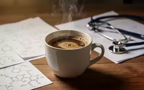 Eine dampfende Tasse Kaffee auf einem Holztisch, im Hintergrund unscharf wissenschaftliche Notizen und ein Stethoskop. - Foto: über boerse-global.de