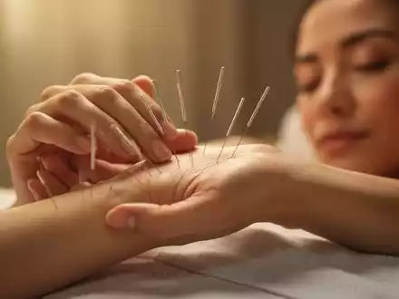 Nahaufnahme der Hand einer Frau mit Akupunkturnadeln am Handgelenk, symbolisiert traditionelle Heilmethoden und Frauengesundheit. - Foto: über boerse-global.de