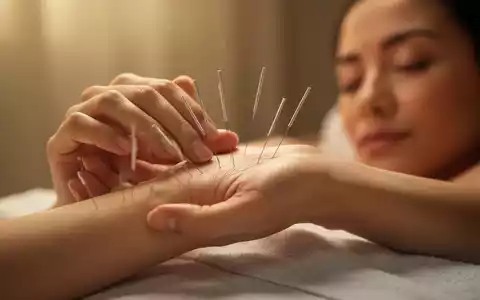 Nahaufnahme der Hand einer Frau mit Akupunkturnadeln am Handgelenk, symbolisiert traditionelle Heilmethoden und Frauengesundheit. - Foto: über boerse-global.de