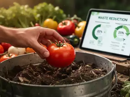 Eine Hand legt eine reife Tomate in einen Kompostbehälter. Im Hintergrund sind unscharfe frische Gemüse und ein Tablet mit Statistiken zur Abfallreduzierung zu sehen. - Foto: über boerse-global.de