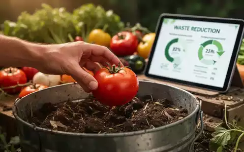 Eine Hand legt eine reife Tomate in einen Kompostbehälter. Im Hintergrund sind unscharfe frische Gemüse und ein Tablet mit Statistiken zur Abfallreduzierung zu sehen. - Foto: über boerse-global.de
