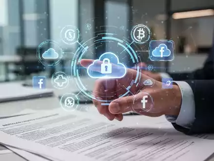Eine Hand interagiert mit einem holografischen Bildschirm, der digitale Vermögenswerte und Symbole für Online-Dienste anzeigt. - Foto: über boerse-global.de