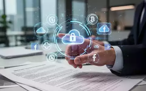 Eine Hand interagiert mit einem holografischen Bildschirm, der digitale Vermögenswerte und Symbole für Online-Dienste anzeigt. - Foto: über boerse-global.de
