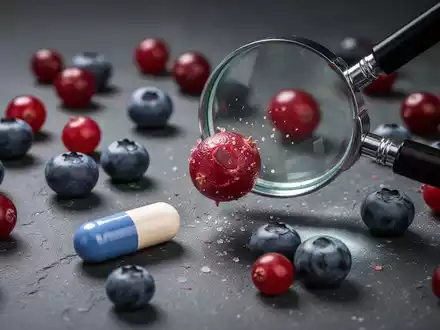 Nahaufnahme verschiedener Beeren und einer Kapsel auf einer dunklen Oberfläche, wobei eine Lupe auf eine Beere gerichtet ist. - Foto: über boerse-global.de