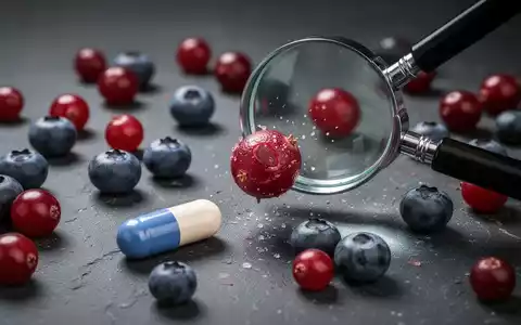 Nahaufnahme verschiedener Beeren und einer Kapsel auf einer dunklen Oberfläche, wobei eine Lupe auf eine Beere gerichtet ist. - Foto: über boerse-global.de