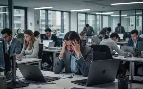 Mitarbeiter in einem modernen Büro, die Anzeichen von Stress und Überlastung zeigen, mit einem Fokus auf psychische Gesundheit am Arbeitsplatz. - Foto: über boerse-global.de