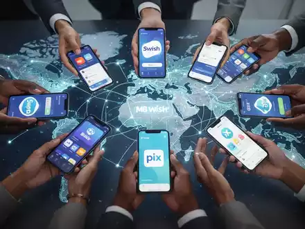 Diverse hands holding smartphones with various local payment apps converging over a glowing world map, symbolizing global digital payments. - Foto: über boerse-global.de
