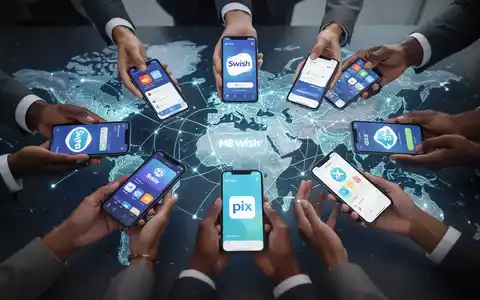Diverse hands holding smartphones with various local payment apps converging over a glowing world map, symbolizing global digital payments. - Foto: über boerse-global.de
