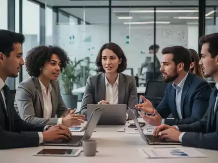 Eine Gruppe von Personalmanagern arbeitet in einem modernen Büro zusammen, symbolisiert durch Notizbücher, Laptops und konzentrierte Gesichter. - Foto: über boerse-global.de