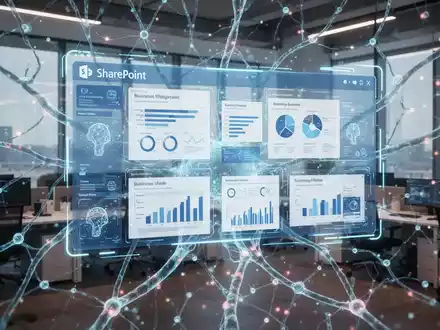 A holographic SharePoint interface with business reports and data visualizations, overlaid with a stylized glowing neural network representing AI automation. - Foto: über boerse-global.de