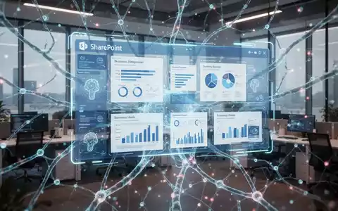A holographic SharePoint interface with business reports and data visualizations, overlaid with a stylized glowing neural network representing AI automation. - Foto: über boerse-global.de