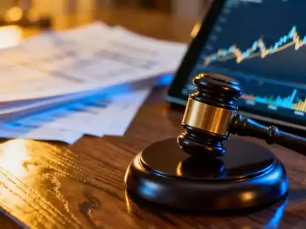 Ein Holzhammer auf einem polierten Tisch, mit unscharfen Finanzdokumenten und einem Tablet im Hintergrund, das eine wichtige Entscheidung symbolisiert. - Foto: über boerse-global.de