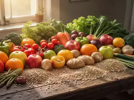 Eine Anordnung von verschiedenen ballaststoffreichen Lebensmitteln wie Obst, Gemüse und Vollkornprodukten auf einem Holztisch. - Foto: über boerse-global.de