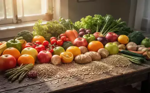 Eine Anordnung von verschiedenen ballaststoffreichen Lebensmitteln wie Obst, Gemüse und Vollkornprodukten auf einem Holztisch. - Foto: über boerse-global.de