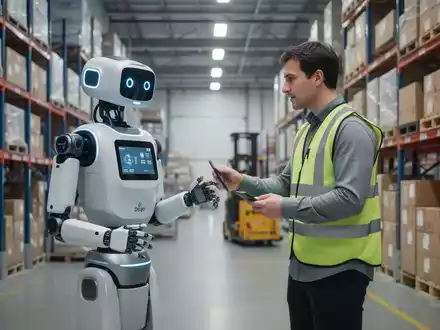 A humanoid robot, Digit, stands in a warehouse next to a human worker, illustrating safe collaboration in an industrial setting. - Foto: über boerse-global.de
