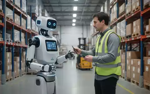 A humanoid robot, Digit, stands in a warehouse next to a human worker, illustrating safe collaboration in an industrial setting. - Foto: über boerse-global.de