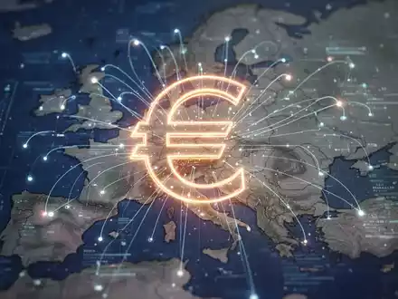 A glowing digital euro symbol over a map of Europe, with data streams connecting cities, representing digital currency and financial networks. - Foto: über boerse-global.de