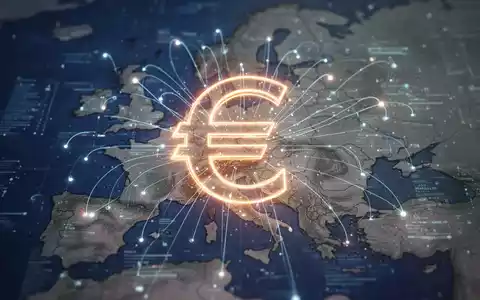 A glowing digital euro symbol over a map of Europe, with data streams connecting cities, representing digital currency and financial networks. - Foto: über boerse-global.de