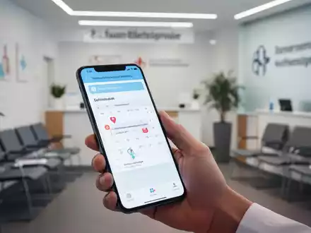 A hand holding a smartphone displaying a health insurance app with appointment booking features, in a medical setting. - Foto: über boerse-global.de