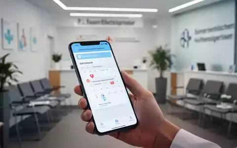 A hand holding a smartphone displaying a health insurance app with appointment booking features, in a medical setting. - Foto: über boerse-global.de