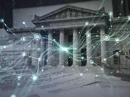 Abstrakte Darstellung von Digitalisierung und Bürokratieabbau mit leuchtenden Linien und Verbindungsknoten über verschwommenen Rechtsdokumenten. - Foto: über boerse-global.de