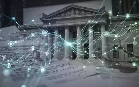 Abstrakte Darstellung von Digitalisierung und Bürokratieabbau mit leuchtenden Linien und Verbindungsknoten über verschwommenen Rechtsdokumenten. - Foto: über boerse-global.de