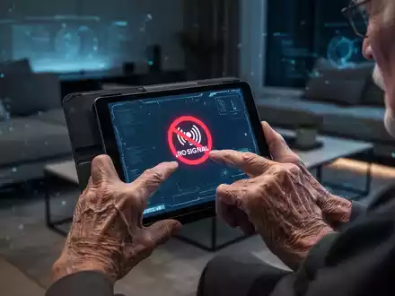 Close-up of an elderly person's hands struggling with a tablet showing an error, symbolizing digital isolation and frustration. - Foto: über boerse-global.de