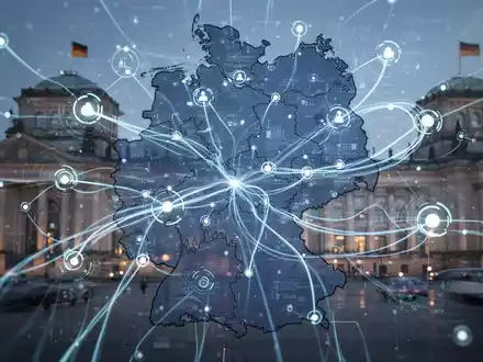 Digital overlay of data streams and network nodes across a map of Germany, symbolizing bureaucratic reduction and modernization. - Foto: über boerse-global.de