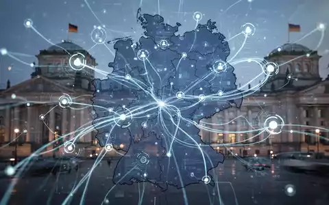 Digital overlay of data streams and network nodes across a map of Germany, symbolizing bureaucratic reduction and modernization. - Foto: über boerse-global.de