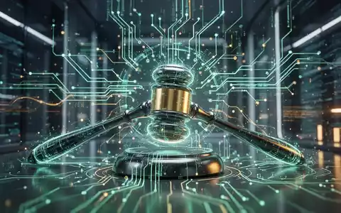 Abstrakte Darstellung von KI-Regulierung mit leuchtenden Schaltkreisen und einem stilisierten Gerichtshammer, der den EU AI Act symbolisiert. - Foto: über boerse-global.de