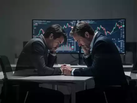 Ein Mann sitzt in einem dunklen Büro, den Kopf in den Händen, umgeben von verschwommenen Bildschirmen mit Finanzdaten. - Foto: über boerse-global.de
