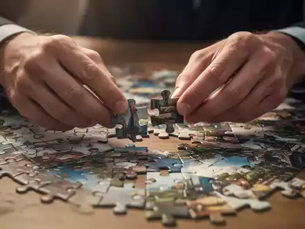 HĂ€nde fĂŒgen Puzzleteile auf einem Holztisch zusammen, Fokus auf die detailreiche Arbeit, die Konzentration symbolisiert. - Foto: ĂŒber boerse-global.de