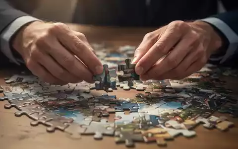 Hände fügen Puzzleteile auf einem Holztisch zusammen, Fokus auf die detailreiche Arbeit, die Konzentration symbolisiert. - Foto: über boerse-global.de