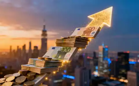 Eine stilisierte, nach oben zeigende Pfeilform aus Euro-Banknoten und Münzen vor einem verschwommenen Finanzviertel bei Dämmerung. - Foto: über boerse-global.de