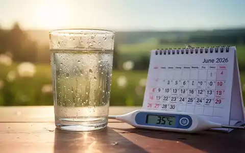 Ein klares Wasserglas mit Kondensation, ein digitales Thermometer zeigt 35°C, und ein Kalender für Juni 2026 vor sommerlicher Landschaft. - Foto: über boerse-global.de