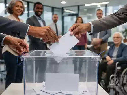 Hände legen Stimmzettel in eine Wahlurne; im Hintergrund verschwommen Menschen, die auf ihre Wahl warten. Symbolisiert Wahlen der Schwerbehindertenvertretung. - Foto: über boerse-global.de