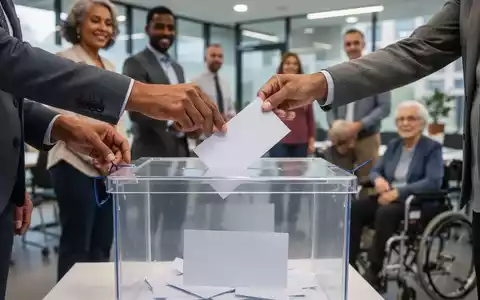Hände legen Stimmzettel in eine Wahlurne; im Hintergrund verschwommen Menschen, die auf ihre Wahl warten. Symbolisiert Wahlen der Schwerbehindertenvertretung. - Foto: über boerse-global.de