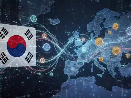Digital illustration showing data streams connecting South Korea and Europe, symbolizing cross-border stablecoin trades and financial technology. - Foto: über boerse-global.de