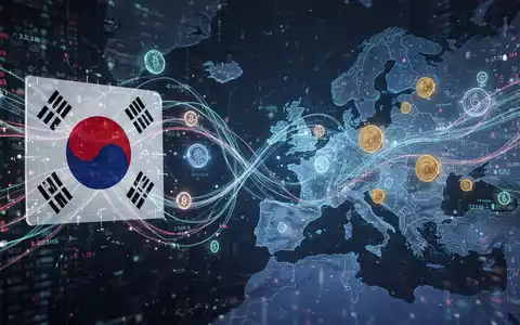 Digital illustration showing data streams connecting South Korea and Europe, symbolizing cross-border stablecoin trades and financial technology. - Foto: über boerse-global.de