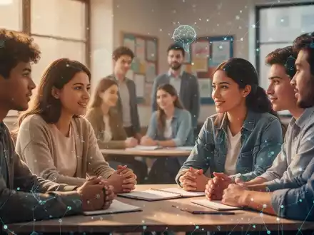 Eine Gruppe von Schülern und Lehrern in einer mitfühlenden Diskussion, beleuchtet von weichem, warmem Licht, mit subtilen digitalen Elementen. - Foto: über boerse-global.de