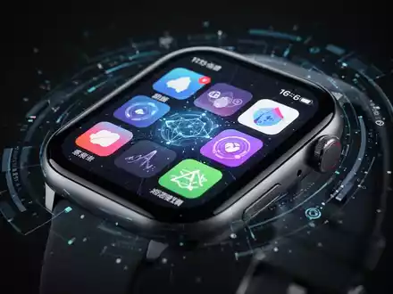 A close-up of a modern smartwatch face displaying a colorful, dynamic app grid, with a blurred dark background. - Foto: über boerse-global.de