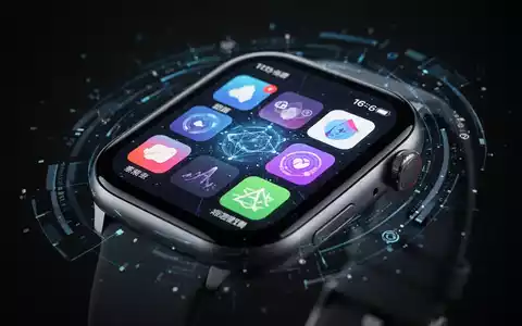 A close-up of a modern smartwatch face displaying a colorful, dynamic app grid, with a blurred dark background. - Foto: über boerse-global.de