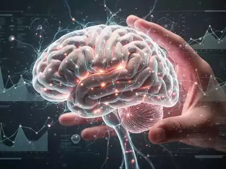 Nahaufnahme eines menschlichen Gehirns mit leuchtenden neuronalen Pfaden und digitalen Schnittstellenelementen, die Fortschritte in der Schmerztherapie symbolisieren. - Foto: über boerse-global.de