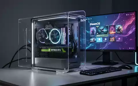 A futuristic gaming PC with a glowing NVIDIA GeForce RTX graphics card inside a transparent case, displaying the SteamOS interface on screen. - Foto: über boerse-global.de